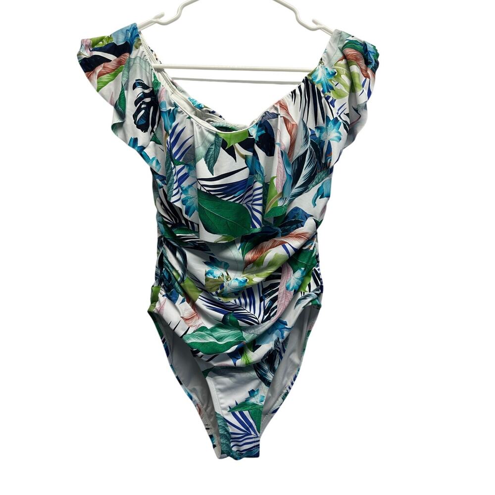 LA BLANCA Ruffled Off the Shoulder One PC Swimsuit Size 10 Floral